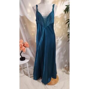 Vtg Victorias Secret Gold Label Satin Lace Maxi Chemise Slip Dress Size M Blue
